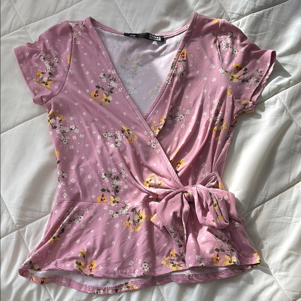 Rebel Sugar Pink Wrap Tie Front Cap Sleeve Blouse